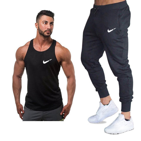 New fashion cotton sleeveless shirts tank top+Pants men Fitness shirt mens singlet Bodybuilding workout gyms vest fitness Sets